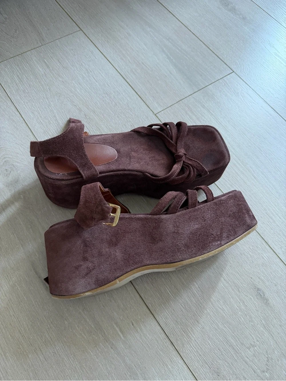 Women's Brown Suede Platform Ankle-Strap Sandals with Knotted Detail